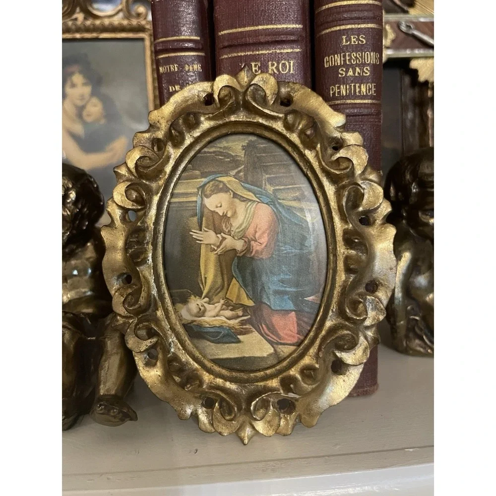 Vtg Italian Florentine Adoration Madonna Gold Gilt Wood 4